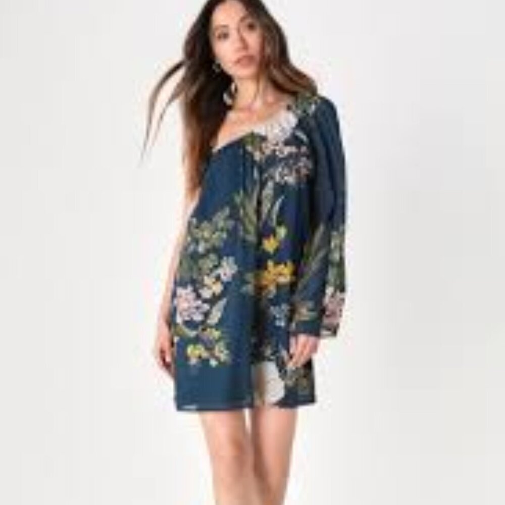 LULUS Flirty Endeavors Navy Blue Floral One-Shoulder SIZE X-LARGE
